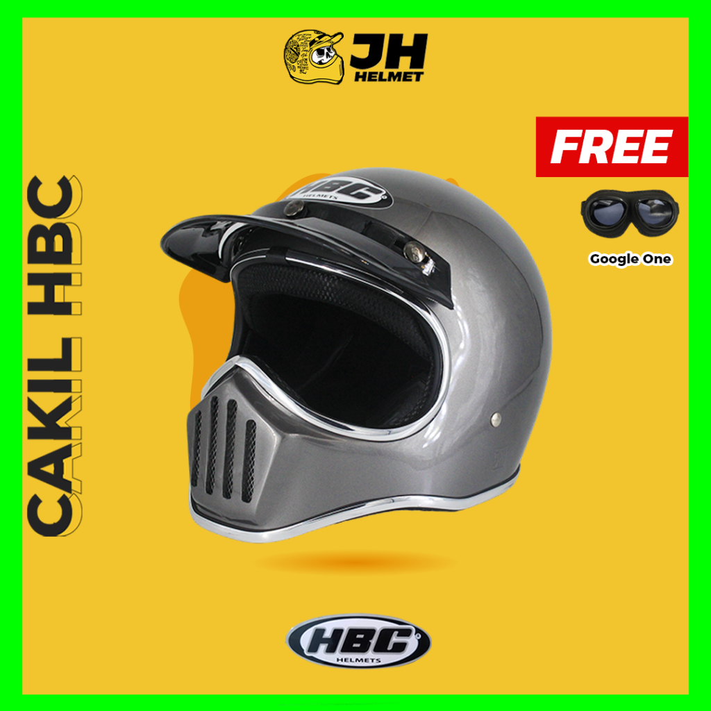 Helm Cakil HBC List Chrome Grey Glossy + FREE GOGGLE | Retro Full Face | JUAL HELM