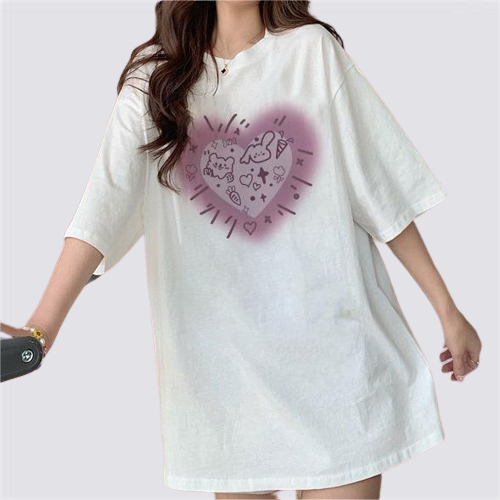 XiaoZhaiNv Kaos Atasan Oversize Wanita Pink Love Pattern Lengan Pendek A0571