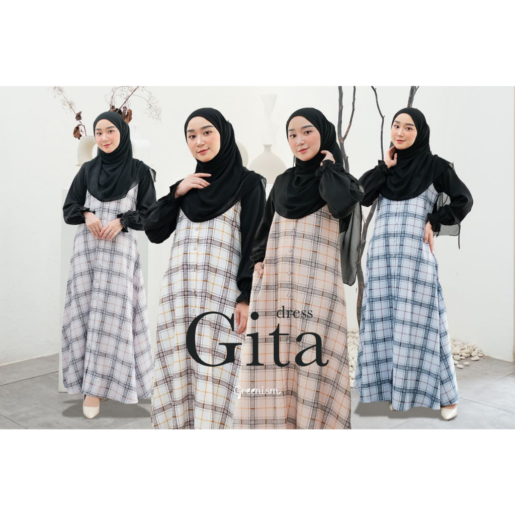 Gita Dress Gamis Motif Kotak Casual Syari by Greenism