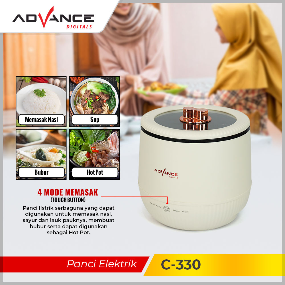 ADVANCE Panci Listrik Multifungsi 1.8L (Nasi / Sup / Bubur) Sentuh 450W Rice Cooker Mini C-330