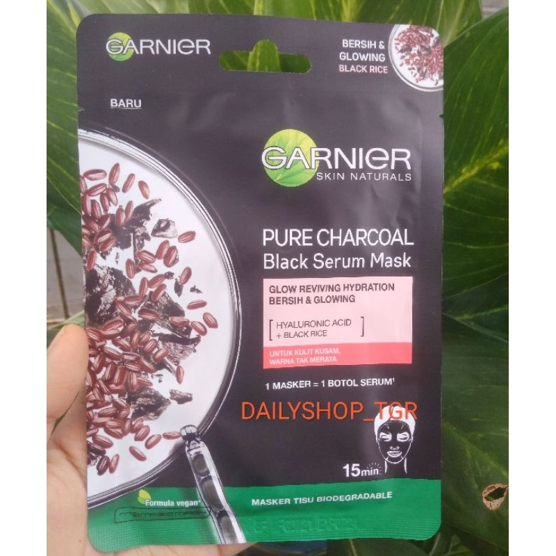 Garnier pure Charcoal black serum mask glow reviving hidration bersih &amp; glowing black rice