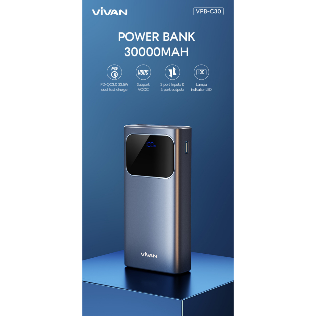 Vivan VPB-C30 30000mAh Powerbank LED Fast Quick Charge PD QC3.0 VOOC - VPB-C30