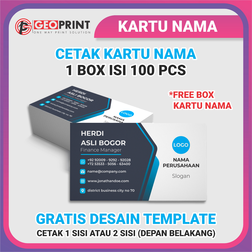 

Cetak Kartu nama usaha 1 box isi 100 pcs Free Box
