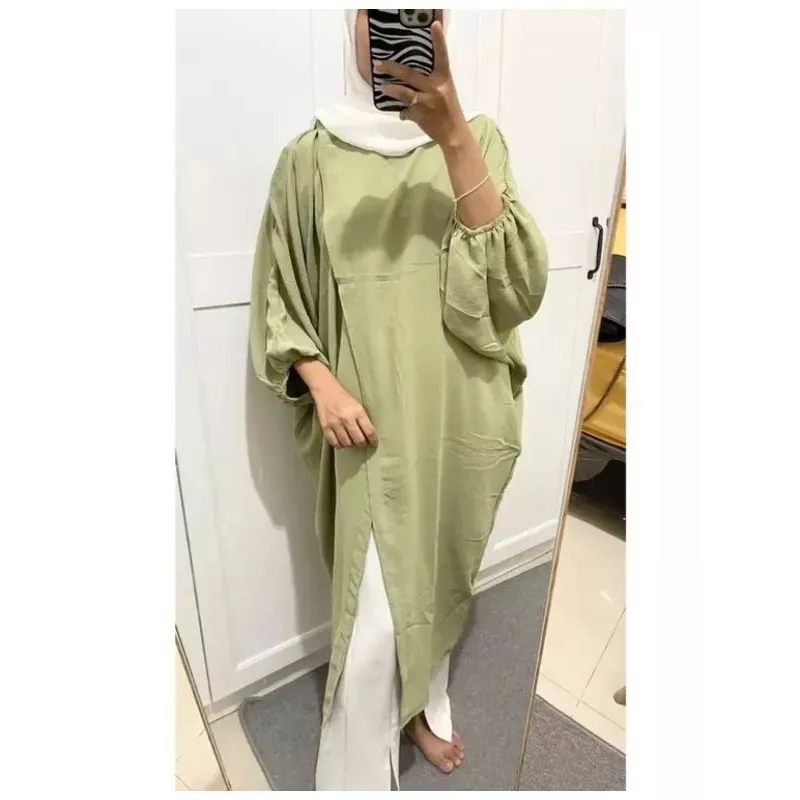 Tamstore Mecca Tunik Crinkle Polos Belah Depan Pergelangan Lengan Karet