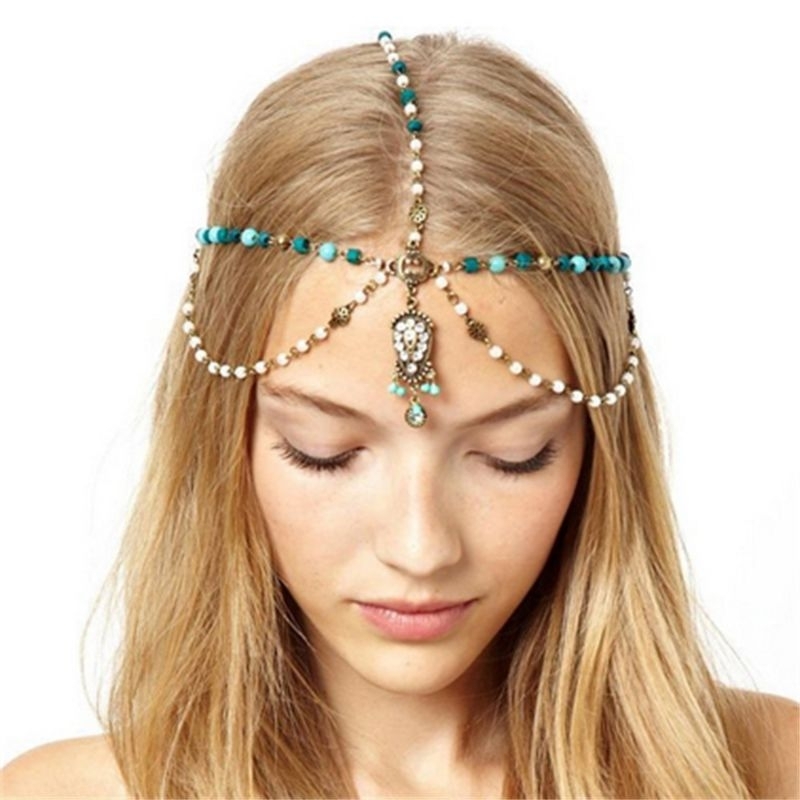 BIN-18 Hiasan dahi rambut bindi bohemian gaya wanita india manik manik headchain