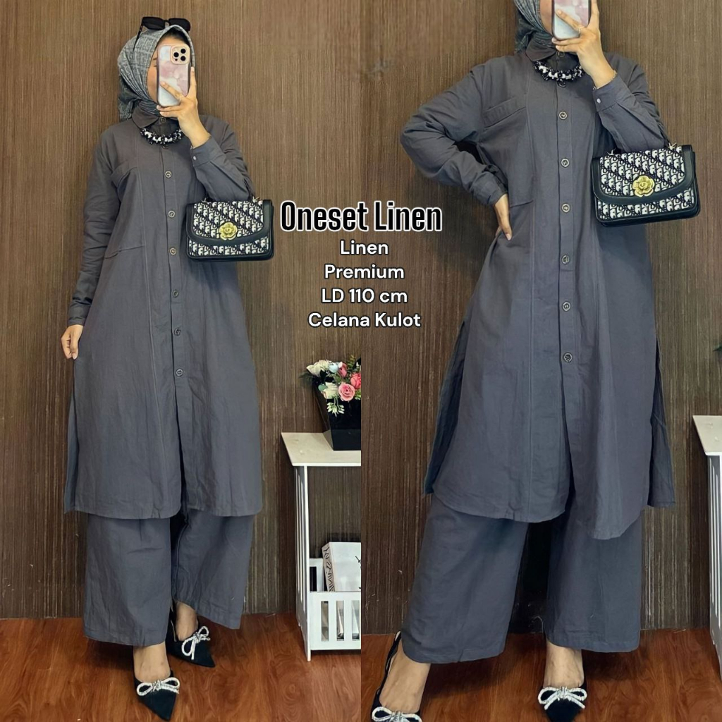 Shella One Set Wanita Tunik Linen Premium Setelan Wanita Lengan Panjang Set Tunik Celana Kulot Kekinian LD 110 cm