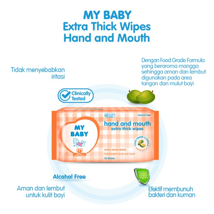 MY BABY Extra Care Wipes Hand &amp; Mouth [50 + 50 Sheets] - Tisu Basah Bayi Extra Lembut &amp; Extra Tebal (2 pcs isi 50s)