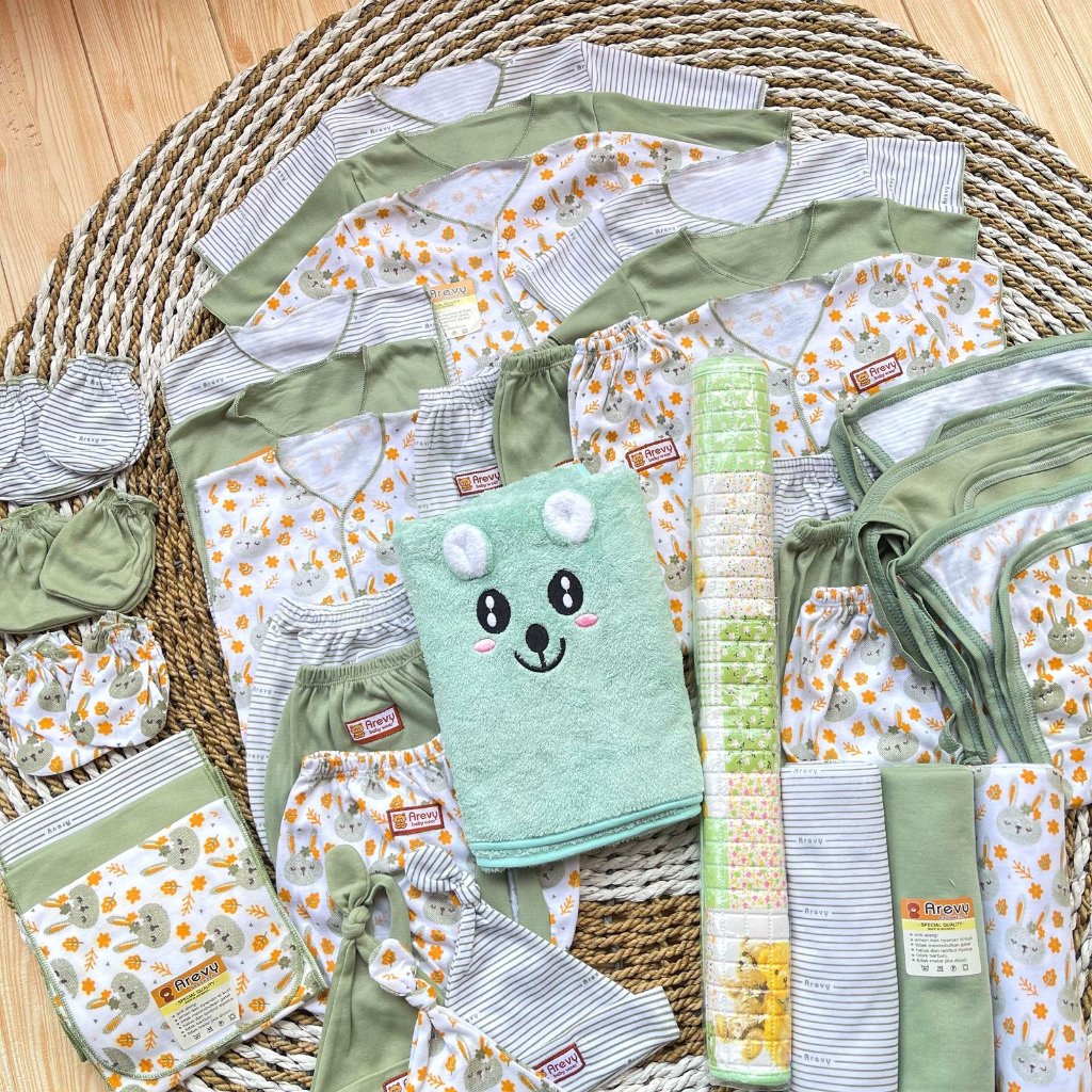 Arevy Babywear Paket Baju Bayi 50 Pcs Seri Green Paket Hemat Super Lengkap Murah Berkualitas Komplit Perlengkapan Baby Newborn 0-3 Bulan