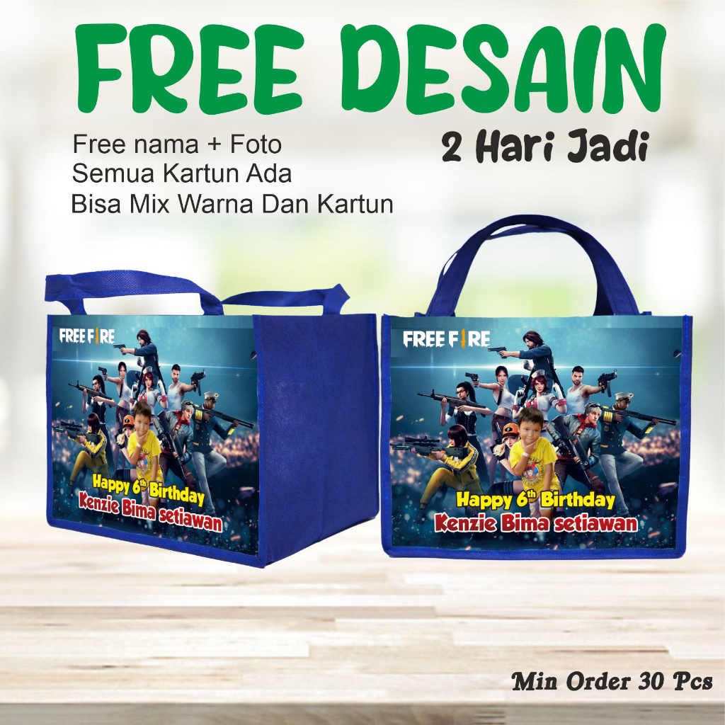 

TAS BENTO FREE FIRE/TAS JINJING FREE DESAIN GAMBAR/TAS ULANG TAHUN ANAK ANAK