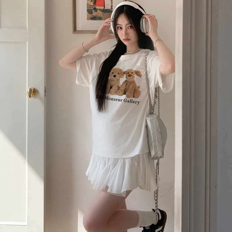 Korean Style Print T-shirt Kaos Lengan Pendek Cartoon Plush Bear Oversize Atasan Wanita