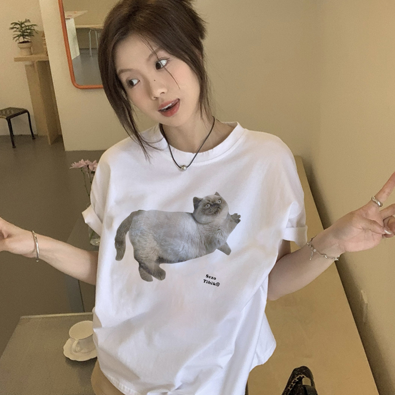 Print T-shirt Kaos Lengan Pendek Cartoon Lazy Cat Oversize Atasan Wanita Korean Style