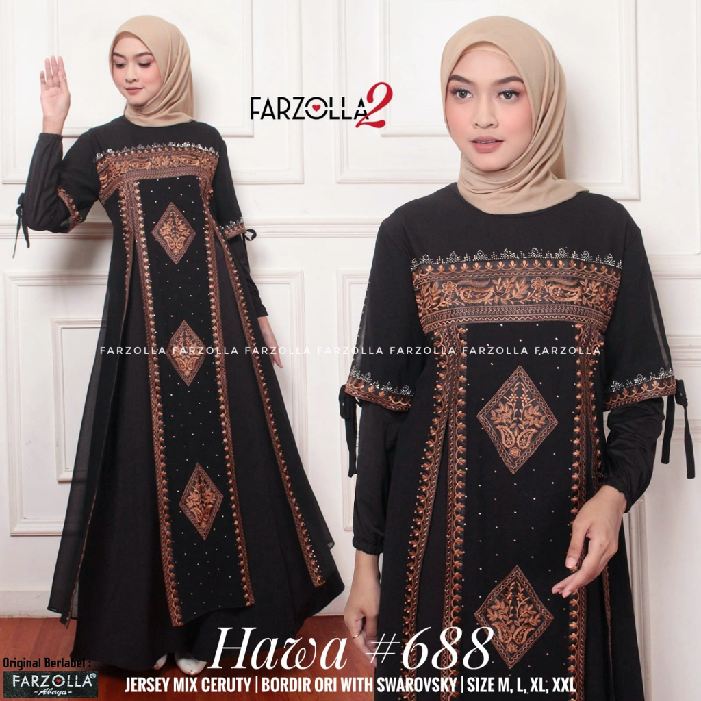 Hawa 688 Gamis Abaya Hitam Jersey Mix Ceruti Aplikasi Mote dan Bordir Ori