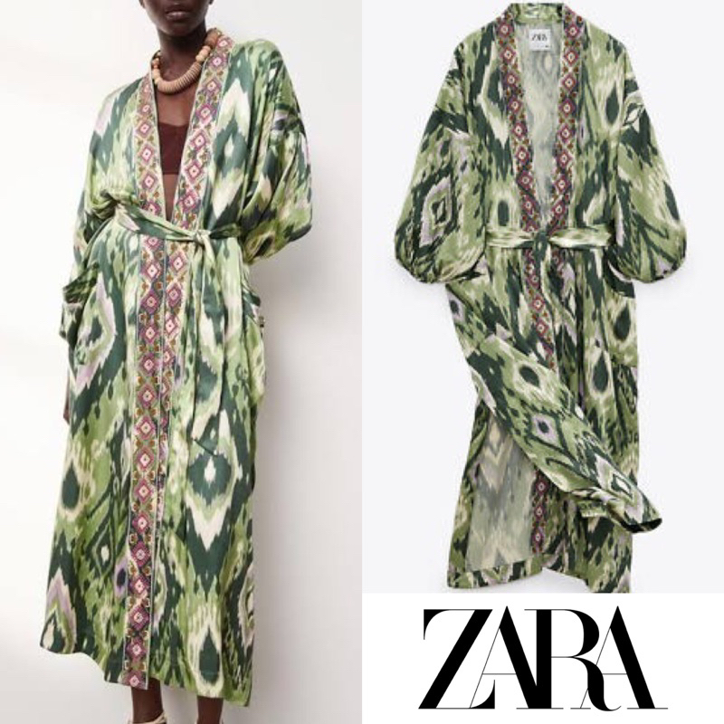 zara embroidered ikat print the hanoi satin kimono long outer dress with belt