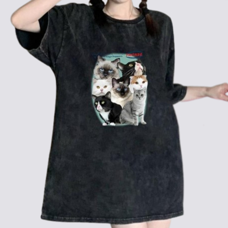 XIAOZHAINV Korean Style Cat Pattern Washed Printing Kaos Wanita A0083