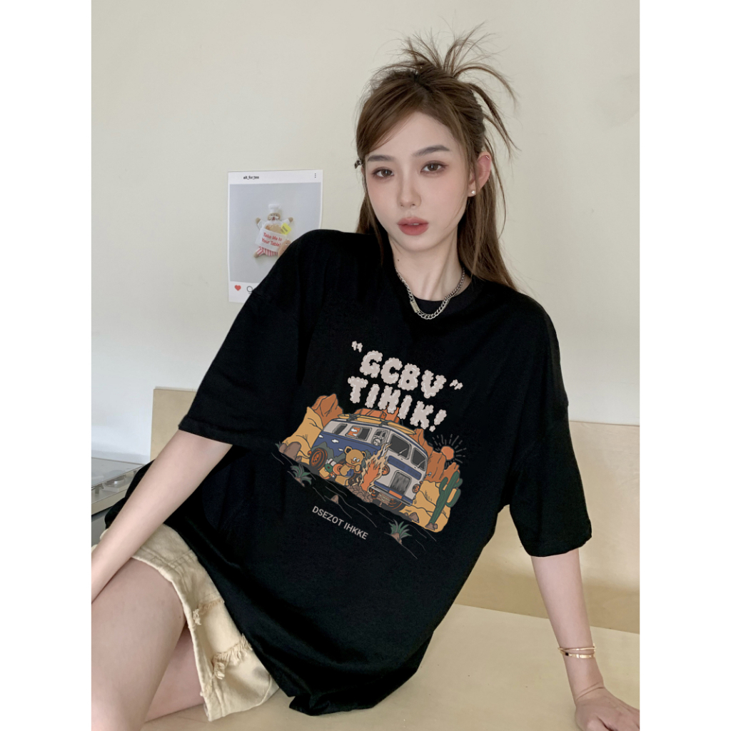 EUNII T-shirt Lengan Pendek Cartoon Desert Car Painting Printing Korean Style/Kaos Atasan Wanita/Baju Wanita/Kaos Wanita