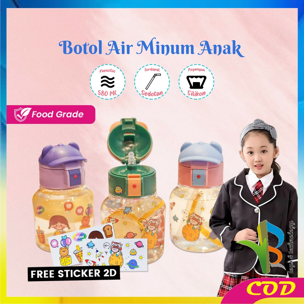 RB-C827 Botol Minum Anak Karakter BPA FREE Motif Topi 580ML dengan Sedotan / Tempat Minum Lucu dengan Pegangan Silikon Anak Tumbler Portable Food Grade