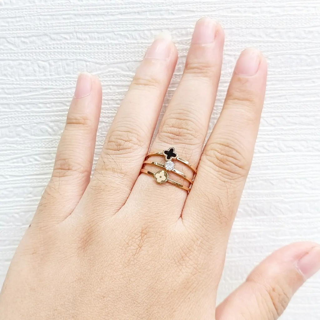 Cincin 3in1 Soliter Bunga Clover Trending Fashion Wanita Korea Anti Karat