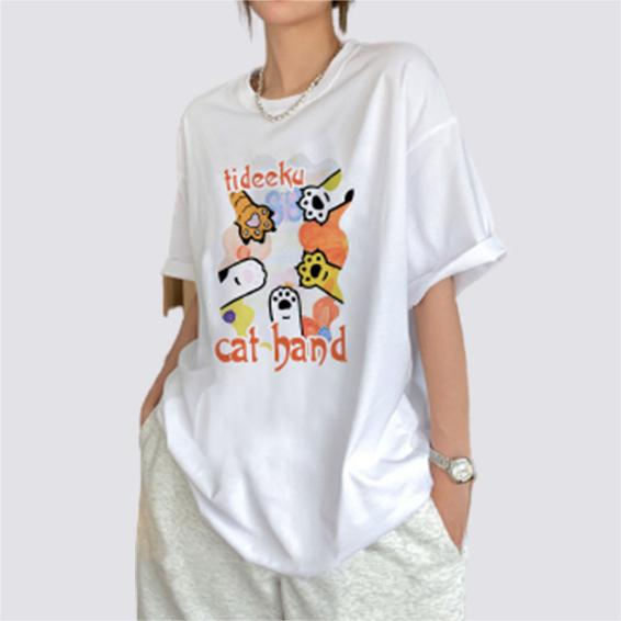 XIAOZHAINV Kaos Atasan Oversize Wanita Cat Hand Anime Pattern Lengan Pendek A0181