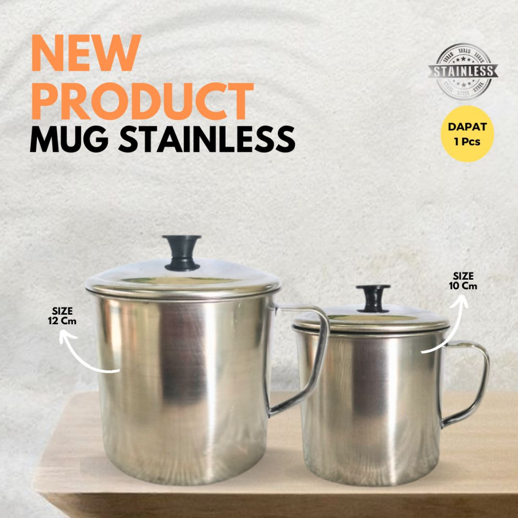 (ARG) Gelas Mug Stainless Steel 12 Cm, 10 Cm / Cangkir Mug + Tutupan Tahan Panas