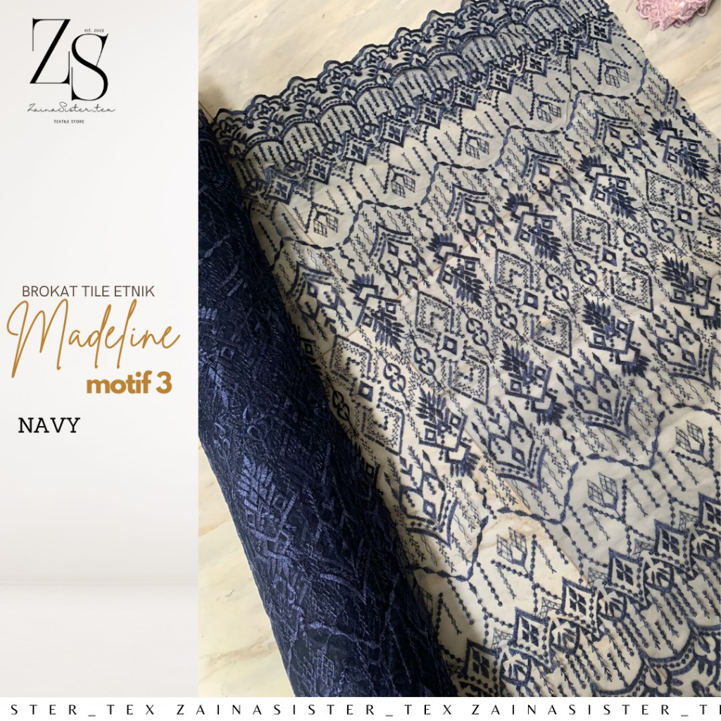 1/2 meter Kain Bahan Kebaya Brokat Brukat Tile Etnik Madeline Motif 3 Warna Biru Navy Dongker