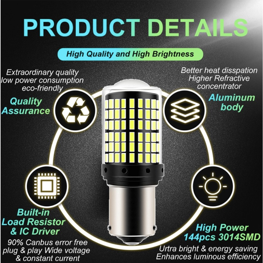 Sein Super Bright / Sein 'dajjal' - LED 144 mata Canbus No-Error 20watt 12-24 volt T20 7440 gepeng tancap / S25 Bayonet 1156 bulat putar- SUPER TERANG (1pcs/biji)