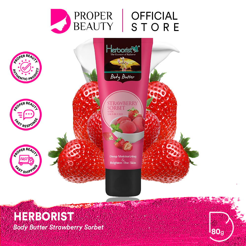 HERBORIST Body Butter Strawberry Sorbet Indonesia / 80g / With Shea Butter / Deep Moisturizing &amp; Brighten The Skin / Melembabkan Mencerahkan Menutrisi / Frangipani Chocolate Coconut Zaitun Matcha Milk Mango Banana / Skincare Care Lotion Gel Scrub Tubuh