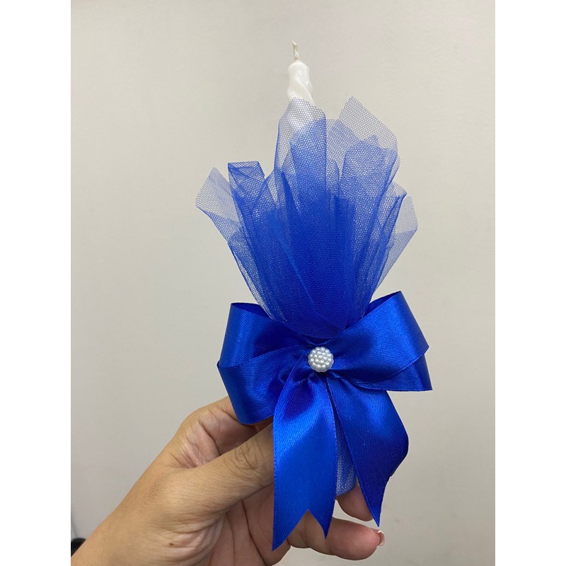Lilin hias tile pita satin Biru Elektrik ( Electric Blue ) / holy matrimony / birthday / soft blue