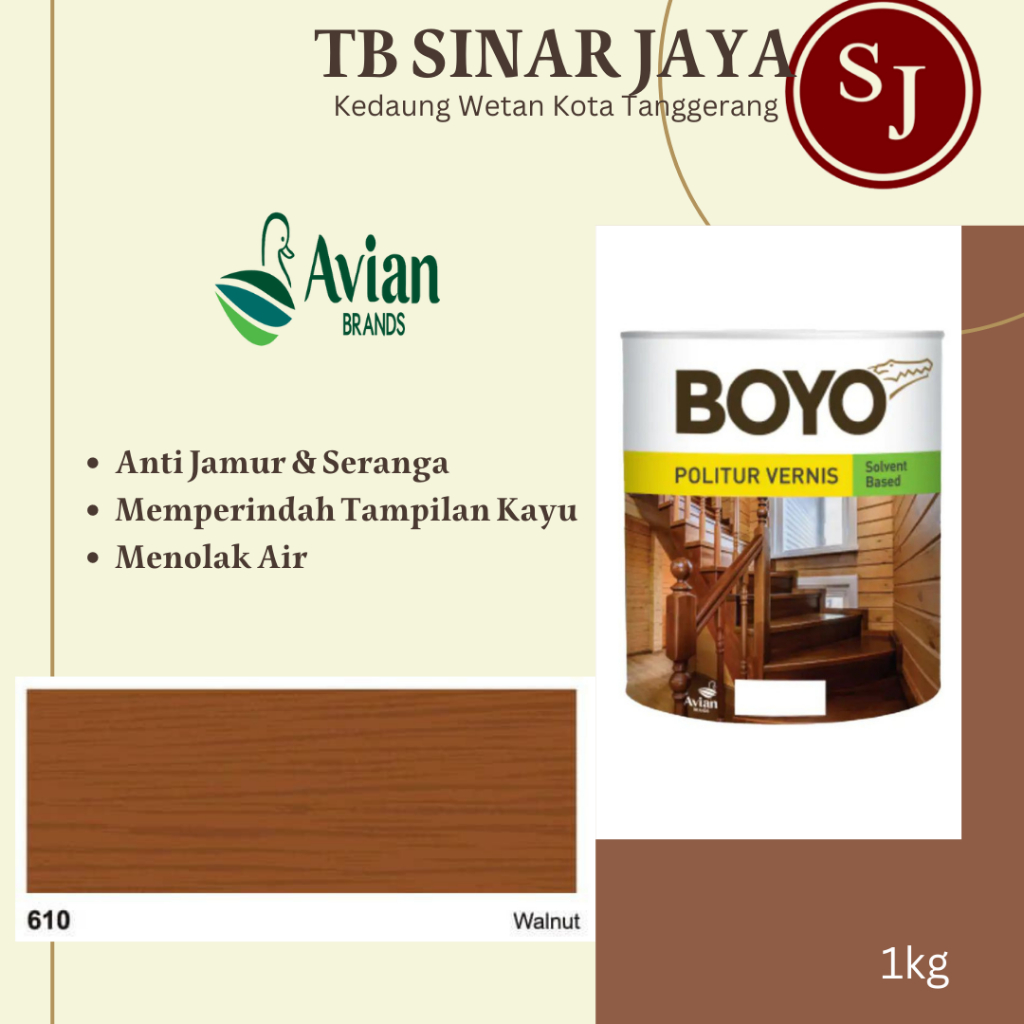 Avian Boyo Politur Cat Kayu 1Liter ( Politur Minyak ) Solvent Based - 610 Walnut