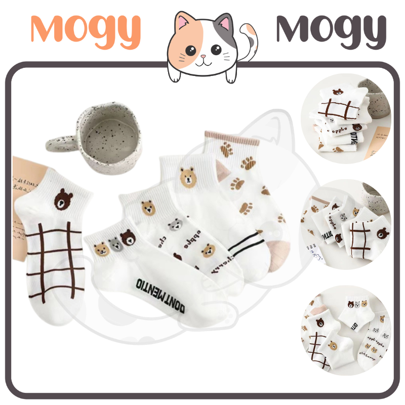 MOGYMOGY KS39 Kaos Kaki Pendek Wanita Motif Beruang Putih  Women Socks