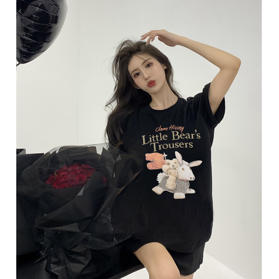 kaos hitam oversize wanita/korean style cartoon letter graffiti kaos basic import lengan pendek baju kaos