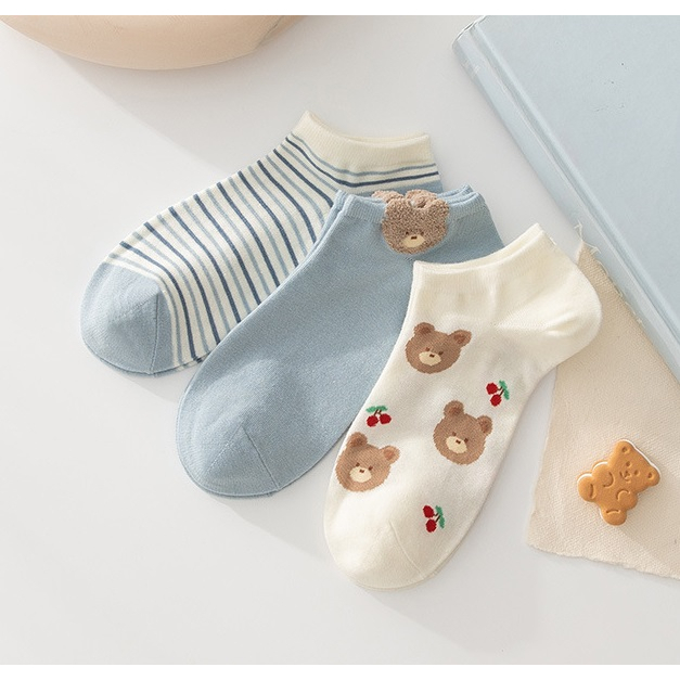 MOGYMOGY KS40 Kaos Kaki Motif Kaos Kaki Semata Kaki Kaos Kaki Beruang Kecil Biru Kaos Kaki Ankle Women Socks