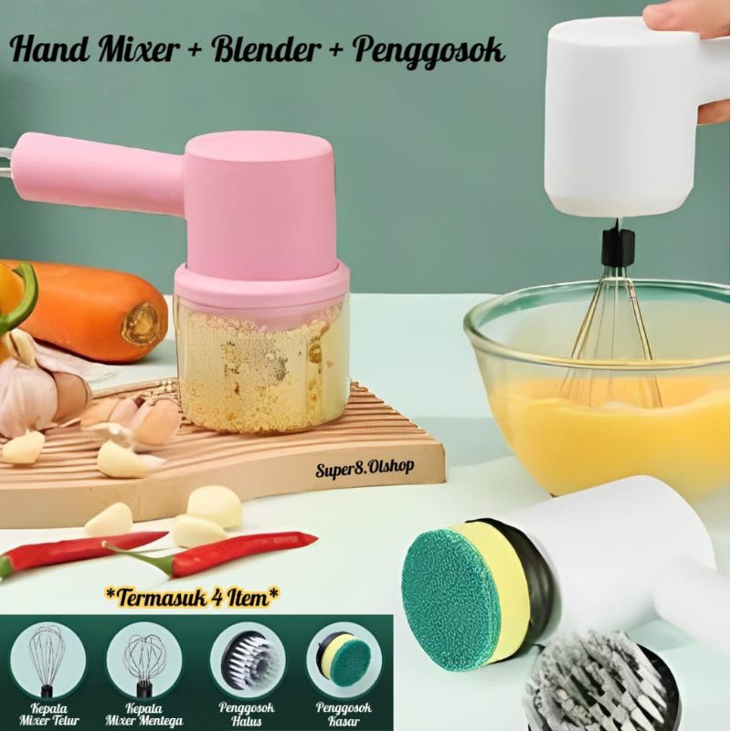 3 In 1 Wireless Charging Egg Beater Set Cake Portable Hand Mixer Blender Daging Sikat Pembersih Kecepatan⭐ Super8 ⭐