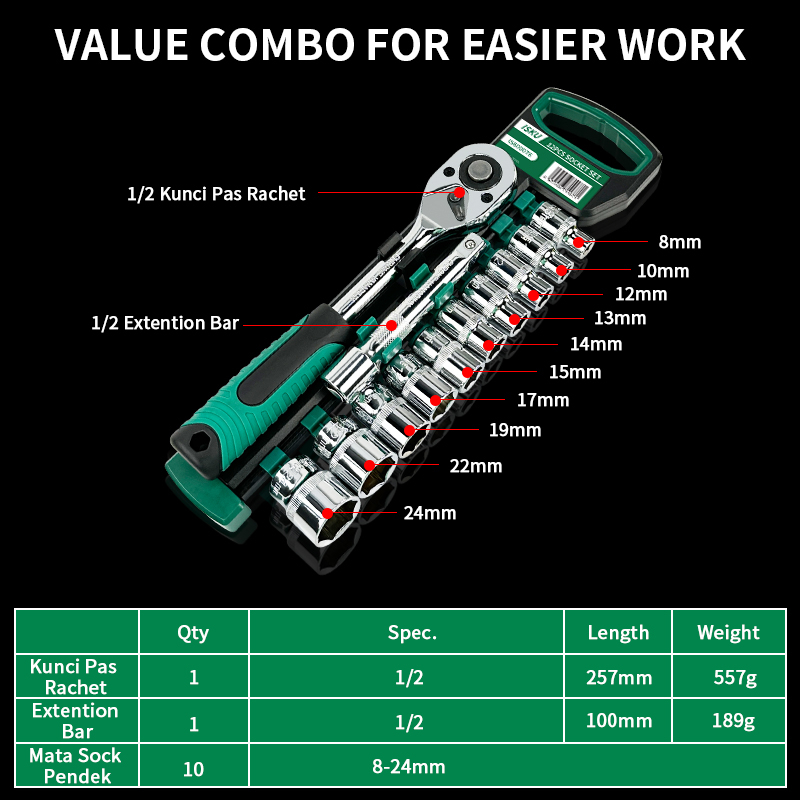 ISKU Kunci Sok Set CR-V 12 PCS Kunci Sok Wrench 1/2&quot; Rachet alat perkakas lengkap motor