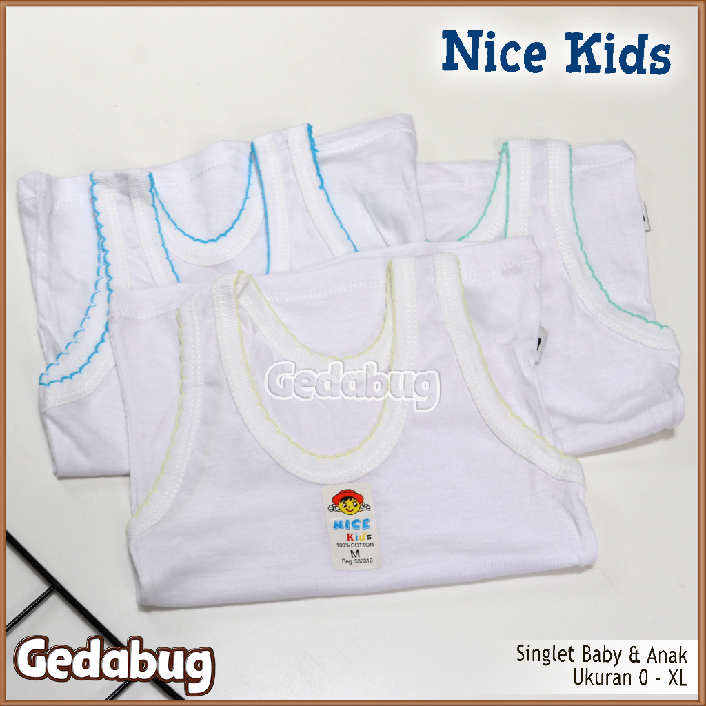 3 Pcs - Singlet Anak NICE Kids | Kaos dalem Polos warna dasar Putih | Gedabug