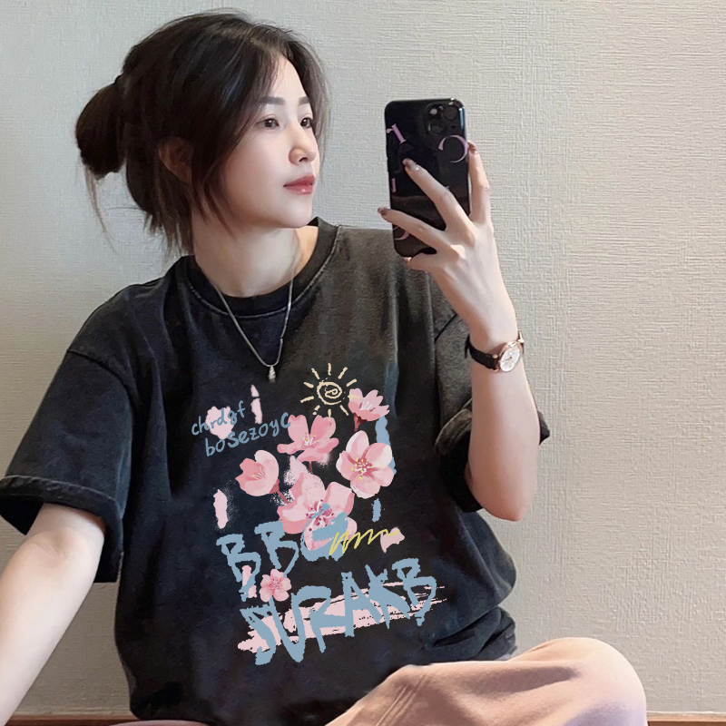 Print Washed T-shirt Kaos Lengan Pendek Oversize Cartoon Cherry Blossoms Korean Style Atasan Wanita