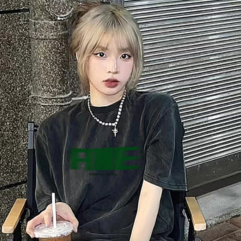 Print Washed T-shirt Kaos Lengan Pendek Oversize Vintage English Design Korean Style Atasan Wanita