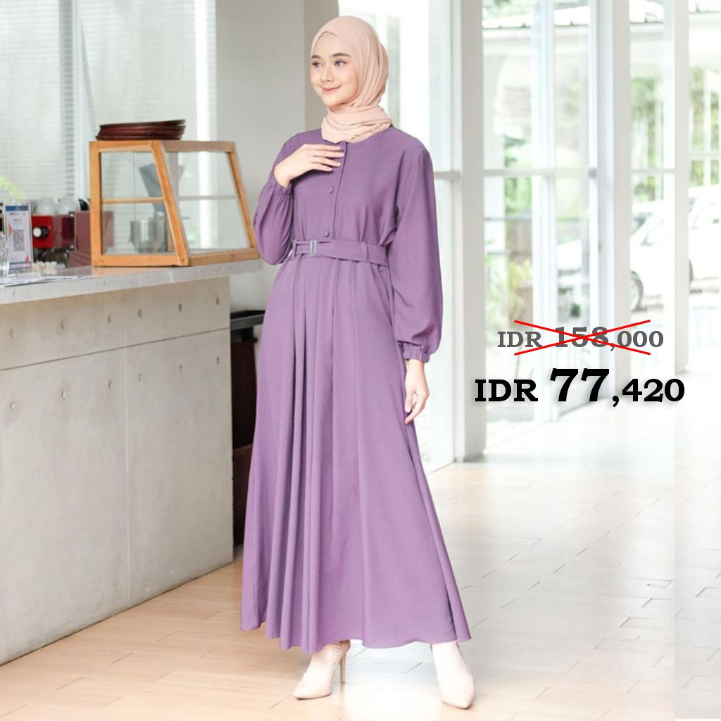 Baju Gamis Lebaran Wanita 2023 Model Terbaru Full Kancing Moscrepe Lilac