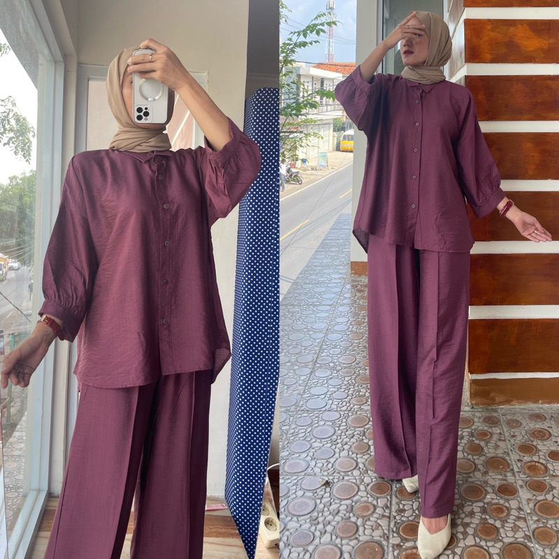 SETELAN MAHIRA POLO LINEN/ONE SET KAMEJA BLOUSE POLO LINEN OOTD HIJAB