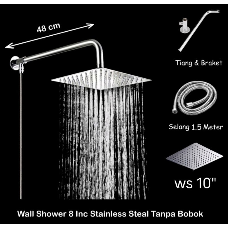 Paket wall shower 10 inch kamar mandi STAINLESS 1/2in - bracket sambungan T tiang pipa wall shower tanpa bobok Tembok nepel fitting instalasi luar shower tembok stenlis 1/2