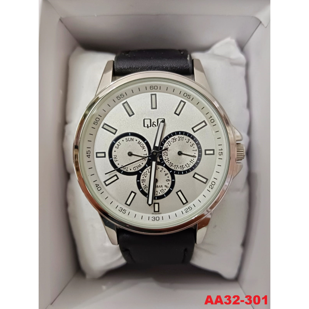 Jam Tangan Pria Stylist Casual Kulit Leather Active Chronograph Analog Original Q&amp;Q QnQ QQ AA32 AA32J Series