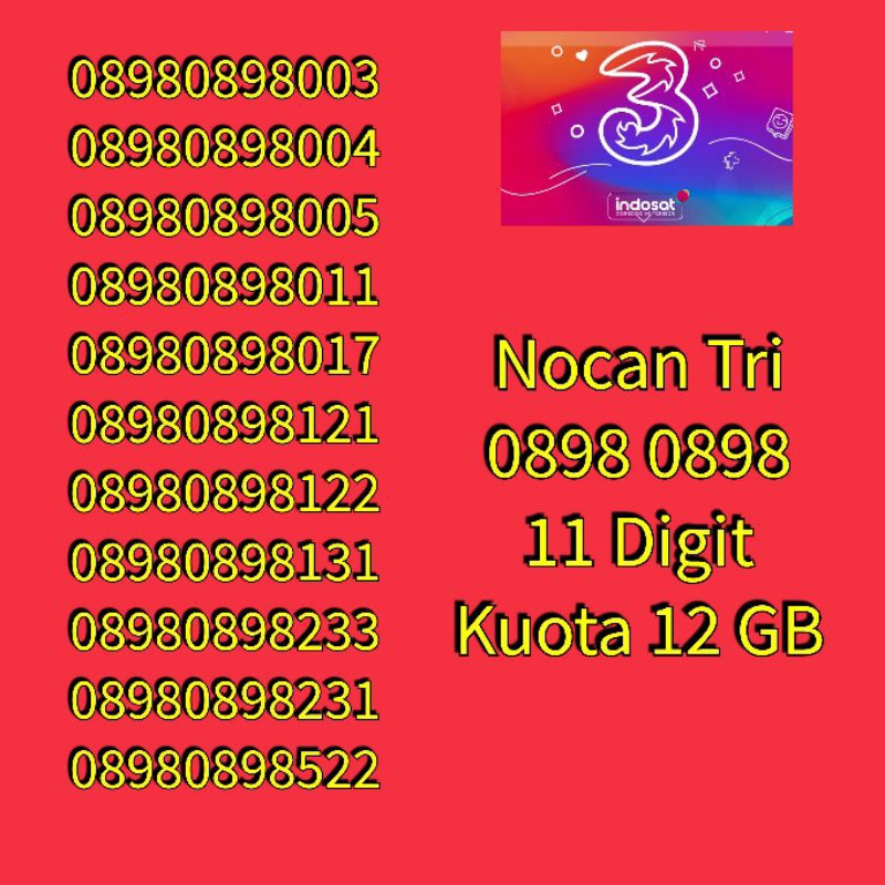 Nocan Nomor Cantik 11 Digit  Kartu Perdana 3 Tri Three 4G LTE Kuota 12 GB (9GB AON + 3GB Reguler)