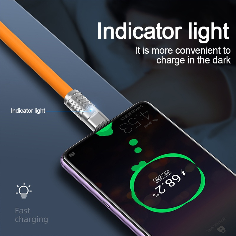 VIBOX Paduan Seng Asli 3 In 1 120W 6A Kabel Pengisian Super Cepat Silikon Cair Kabel Data Pengisian Cepat Untuk Micro USB Type-C Iphone Dengan Lampu Indikasi BY SMOLL