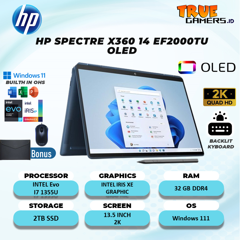 Laptop Hp Spectre 2in1 14 EF2000TU OLED TOUCH evo I7 1355U 32GB 2TBSSD IRISXE 13.5 3K2K W11+OHS BLIT PEN