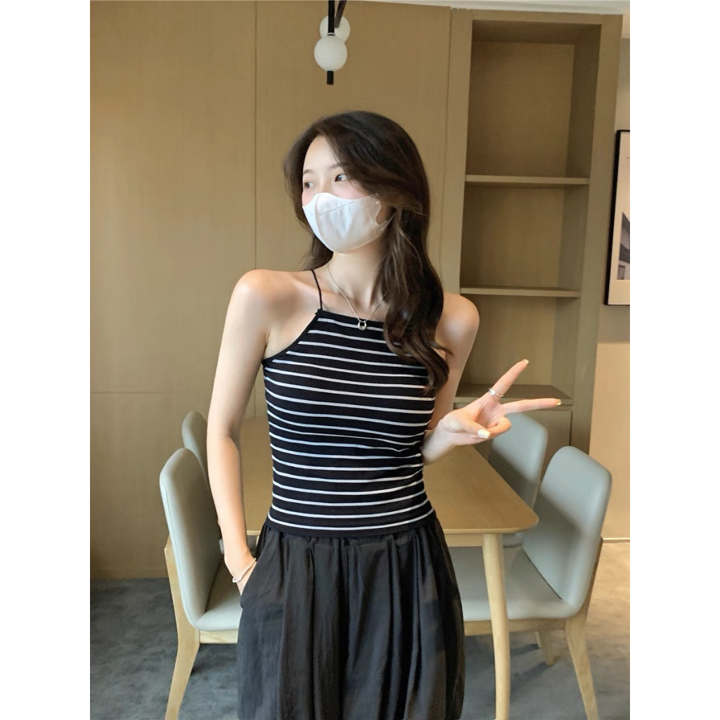 Tanktop fashion motif garis fashion wanita korea french style tanpa lengan baju fashionable