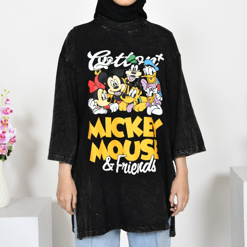Kaos Karakter Wanita Mickey Gold wash Original Cotton Plus Lengan 7/8 Jumbo / KAos Wanita Washing Hijab Terlaris