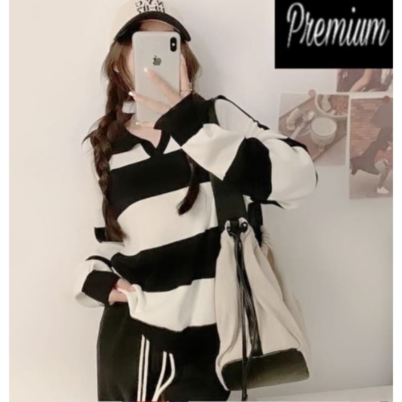 ❤️ PREMIUM IMPORT ❤️ ALYA COLLAR KNIT LONG SLEEVE STRIPE BLOUSE