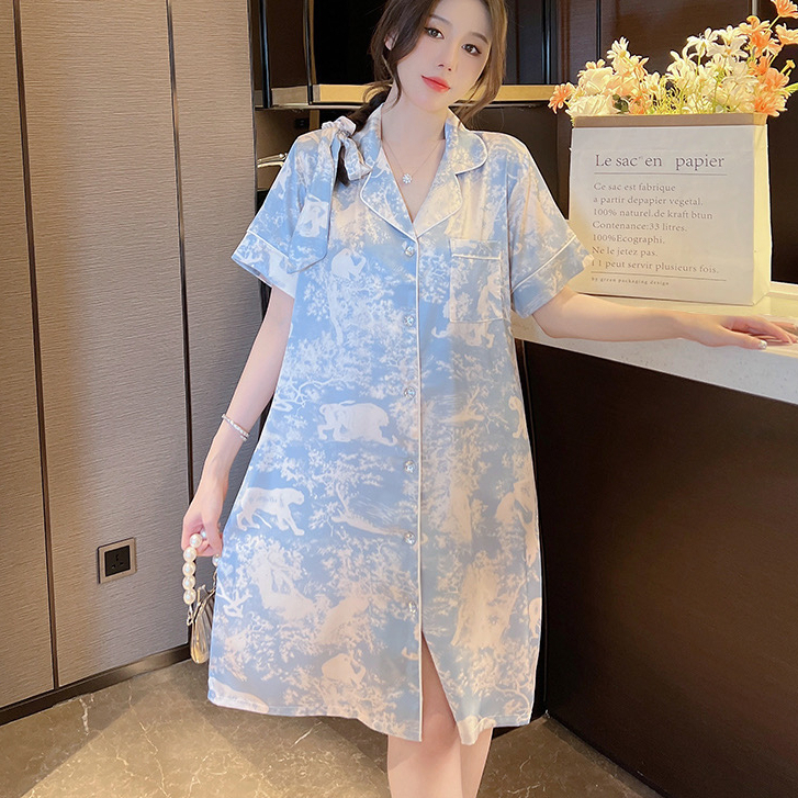 2025 Ink jungle printing es sutra baju tidur rok panjang wanita rok piyama kemeja sutra bernilai