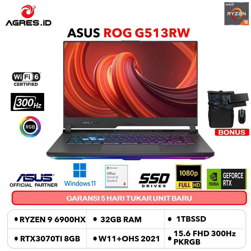 ASUS ROG G513RW R97RD6GO RTX3070TI 8GB/ RYZEN 9 6900HX 32GB 1TBSSD W11+OHS 15.6FHD 300HZ PKRGB CAM+M