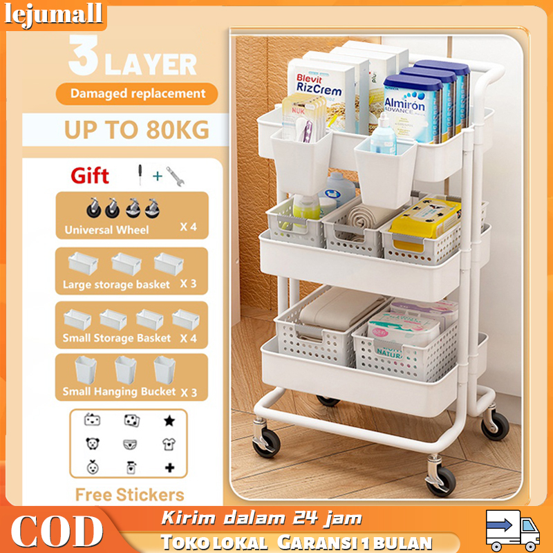 Rak Troli Keranjang Trolley Organizer Bayi Baru Lahir Organizer Dengan Keranjang Lebar 3-Tier Keranjang Utilitas Kamar Tidur