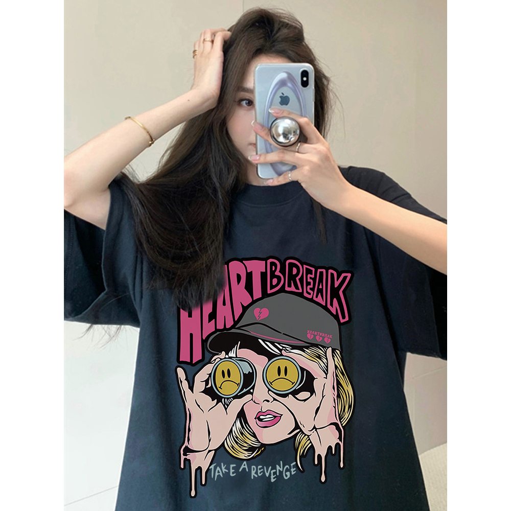 Kaos Lengan Pendek Cream Atasan Wanita Oversize Printed T-shirt Kekinian Korean Style